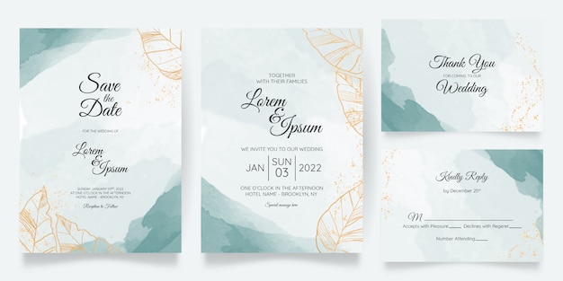 Beautiful wedding card invitation template set with splash watercolor