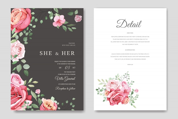 Vector beautiful wedding card template with beautiful flowers and leaves