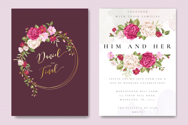 beautiful wedding card template with colourful maroon roses 