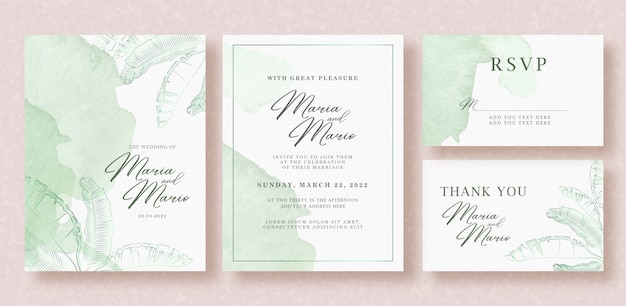 Beautiful wedding card watercolor background with tropical leaves outlines