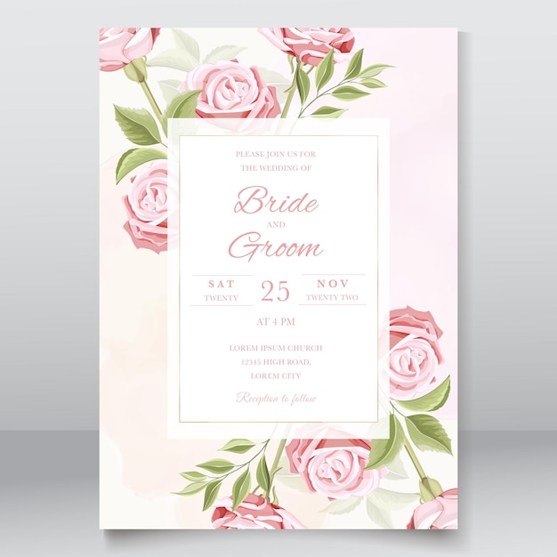 Beautiful wedding card with pink roses template