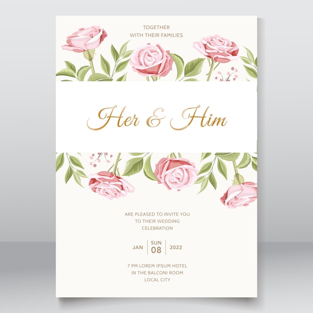 Beautiful wedding card with pink roses template