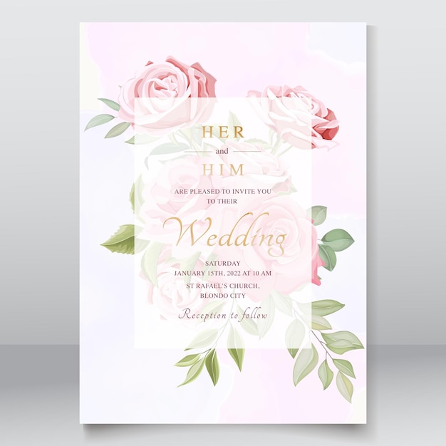 Beautiful wedding card with pink roses template