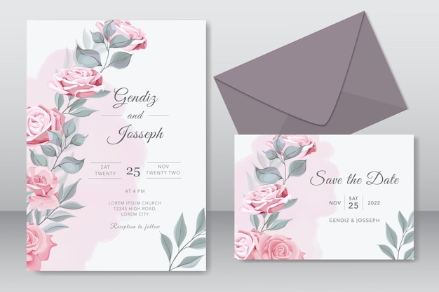 Beautiful wedding card with pink roses template