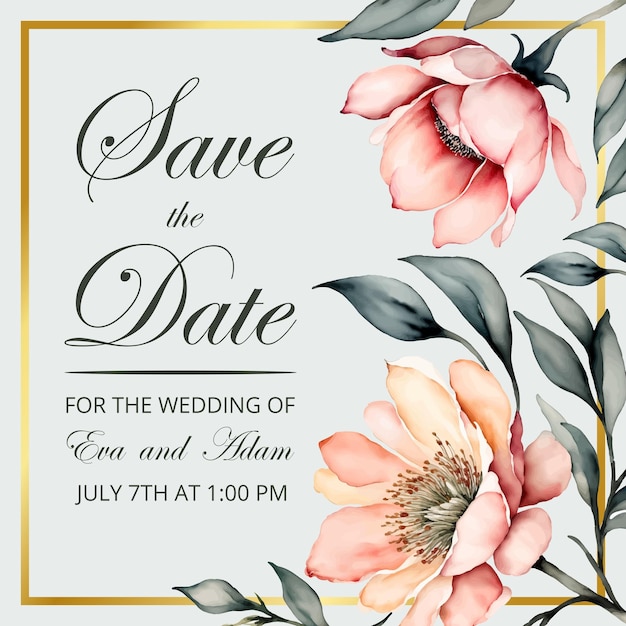 Beautiful wedding invitation card, save the date with watercolor flowers, leaves and branches.