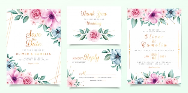 Beautiful wedding invitation card template set with colorful flowers border and gold line decoration