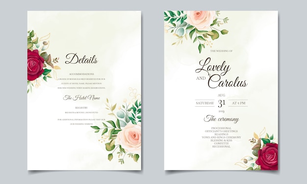 Beautiful wedding invitation card template set with floral frame