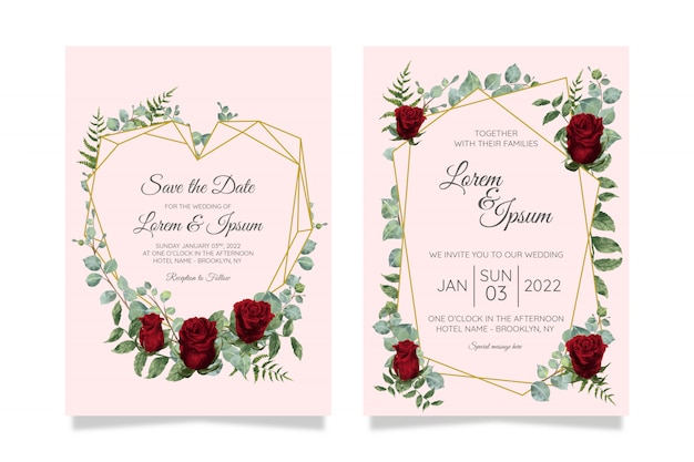 Beautiful wedding invitation card template set with geometric floral frame