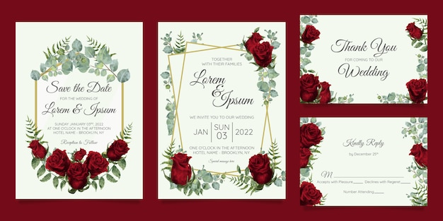 Beautiful wedding invitation card template set with geometric floral frame