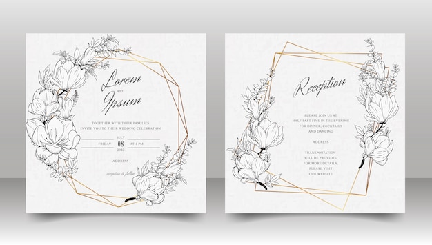 Beautiful Wedding Invitation Card Template Set with Hand Drawn Floral  and Watercolor Splash Background