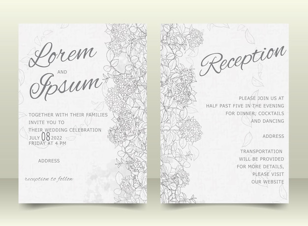 Beautiful Wedding Invitation Card Template Set with Hand Drawn Floral