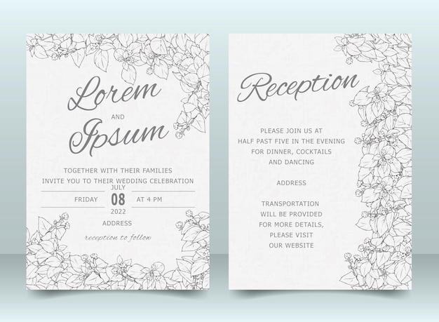 Beautiful Wedding Invitation Card Template Set with Hand Drawn Floral