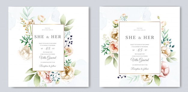 beautiful  wedding invitation card template set with watercolor flowers