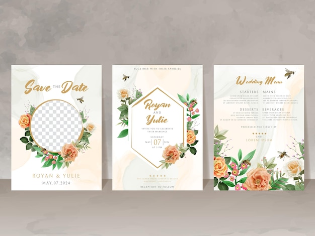 beautiful wedding invitation card template with honey bee and floral design