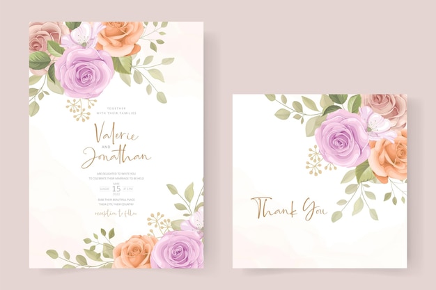 Beautiful wedding invitation card template with rose and leaf decoration