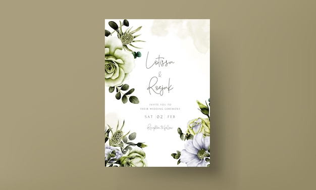 Beautiful wedding invitation card template with white and green roses