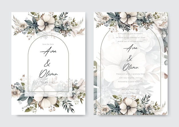 Beautiful wedding invitation card template with white and yellow roses