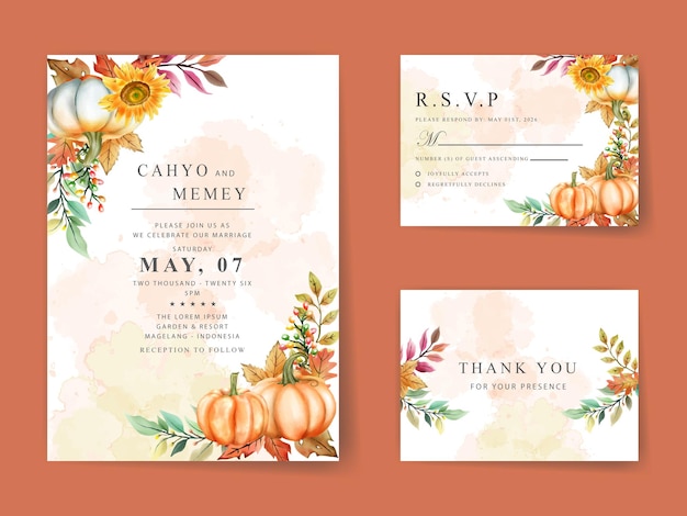 beautiful wedding invitation card with autumn leafs watercolor