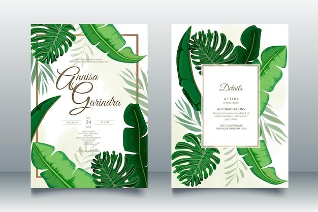 beautiful  wedding invitation card with beautiful leaves template Premium Vector