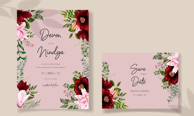 Beautiful wedding invitation card with burgundy flower decoration