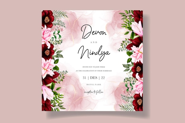 Beautiful wedding invitation card with burgundy flower decoration