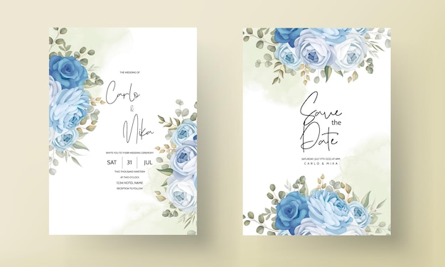 Beautiful wedding invitation card with hand drawn blue peonies decorations