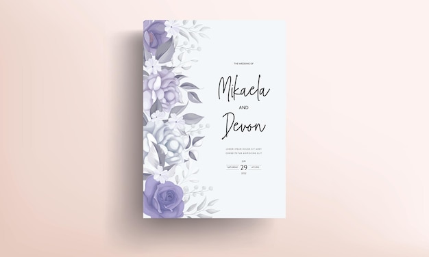 Beautiful wedding invitation card with purple flower decoration