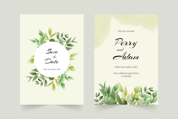 Beautiful wedding invitation card with watercolor leaves