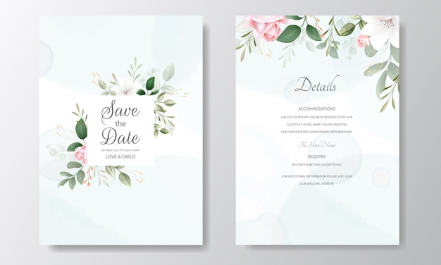 beautiful wedding invitation floral watercolor and green leaves