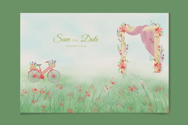 Vector beautiful wedding invitation of nature landscape with wedding gate view watercolor bicycle