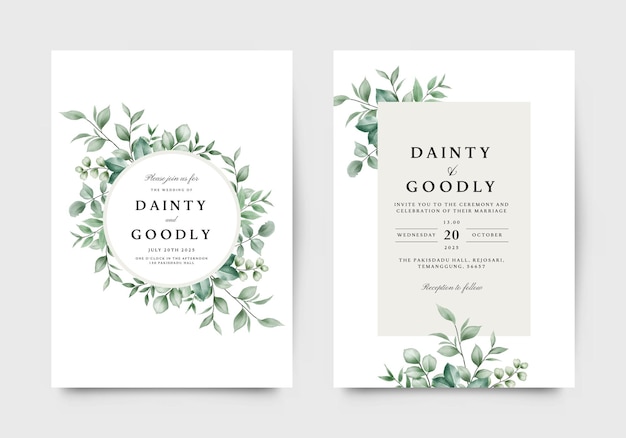 Vector beautiful wedding invitation set with watercolor green leaves