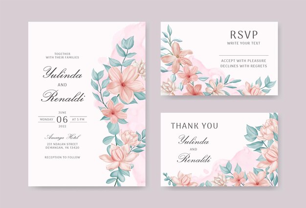 Beautiful wedding invitation template set with watercolor floral frame