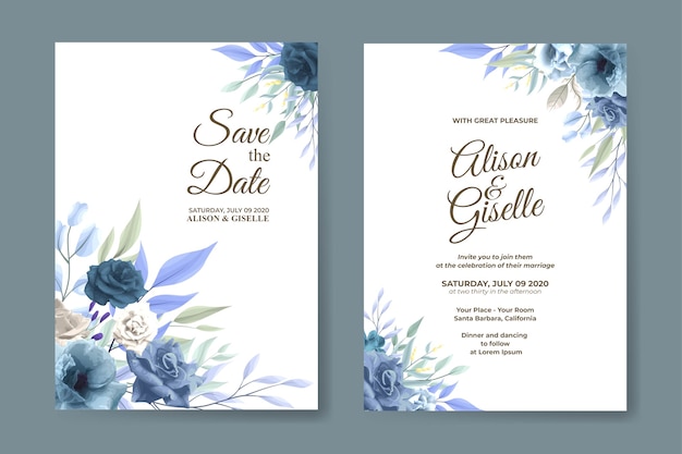 beautiful wedding invitation template with blue roses