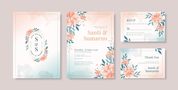 Beautiful wedding invitation template with floral watercolor