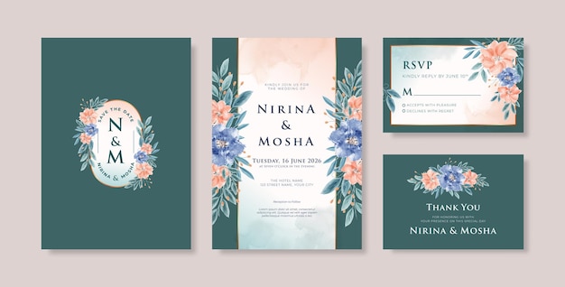 Beautiful wedding invitation template with floral watercolor