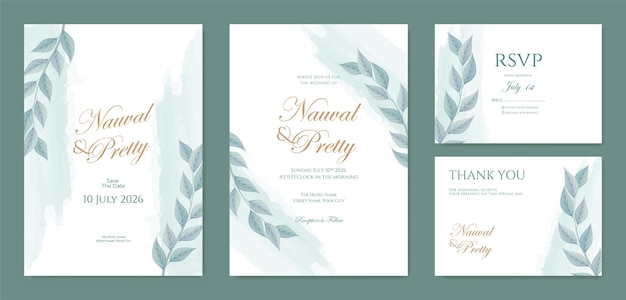 beautiful wedding invitation template with green leaves watercolor ornament premium vector