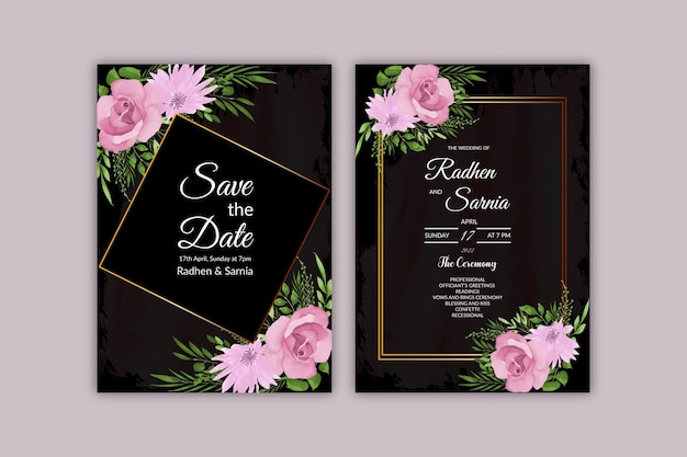 Beautiful wedding invitation template with pink flower's and green leave's watercolor free vector