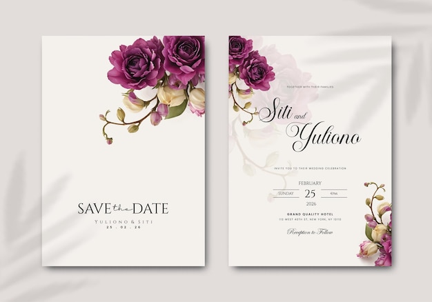 beautiful wedding invitation template with watercolor flower illustration premium vector