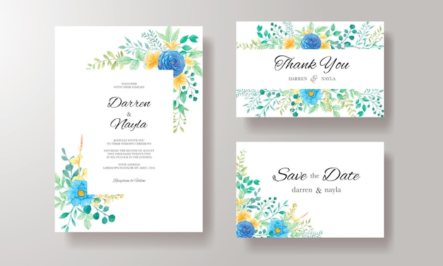 Beautiful wedding invitation template with watercolor flowers and leaves