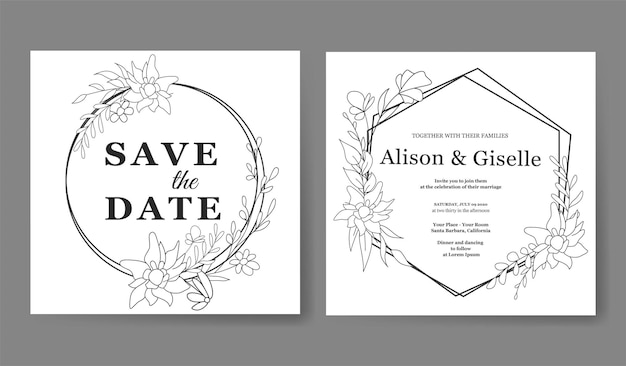 Beautiful wedding invitation template with wild flowers outline