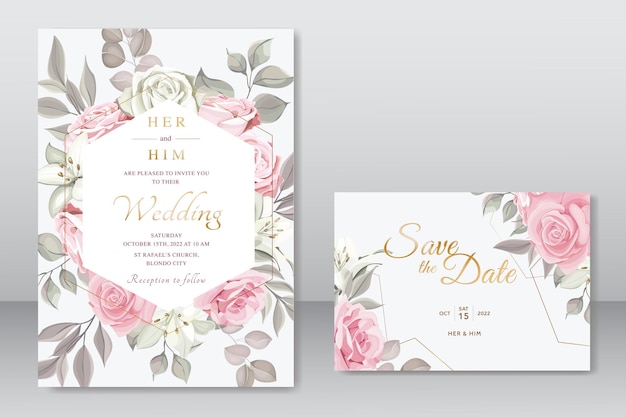 Beautiful wedding invitation with pink floral template