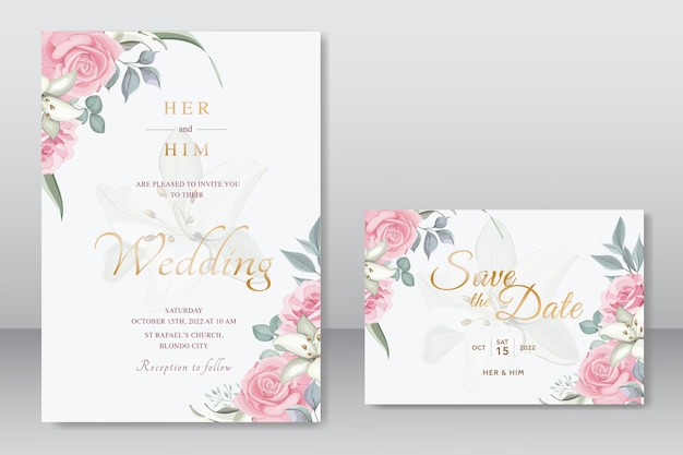 Beautiful wedding invitation with pink floral template