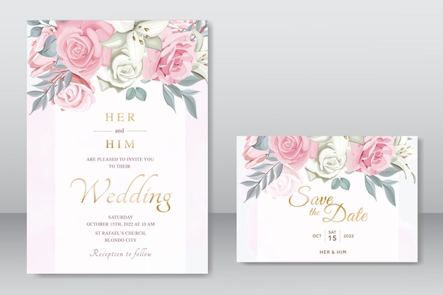 Beautiful wedding invitation with pink floral template