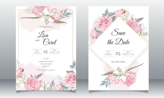 Beautiful wedding invitation with pink floral template