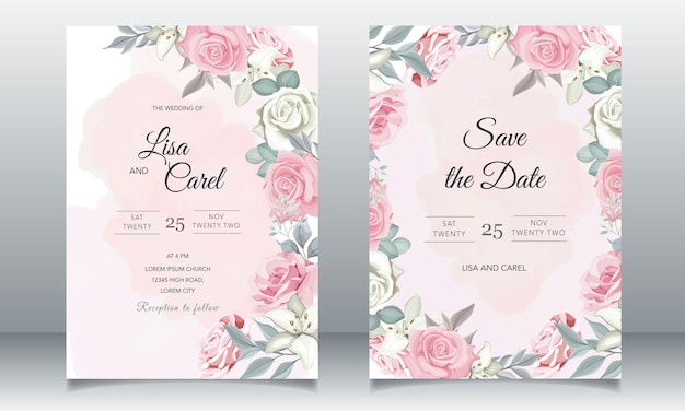 Beautiful wedding invitation with pink floral template