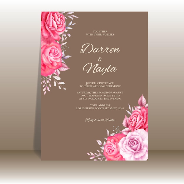 Beautiful wedding invitation with red and purple roses