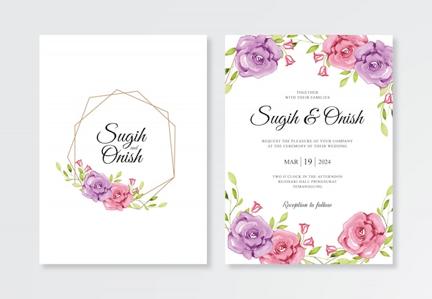 Beautiful wedding invitations with geometric frames and floral watercolor