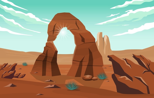 Beautiful Western American Rock Arch Vast Desert Landscape Illustration