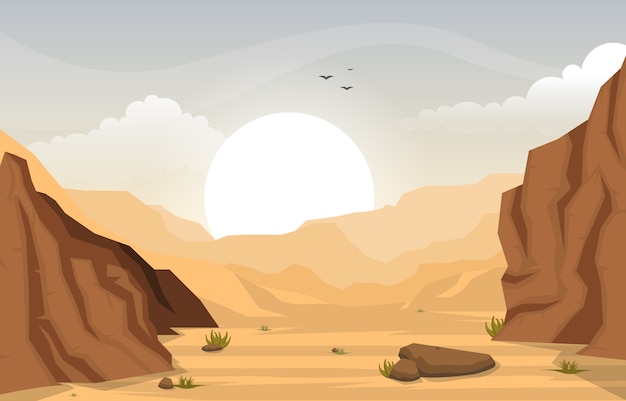 Beautiful Western Desert Landscape with Sky Rock Cliff Mountain Illustration