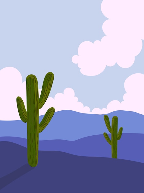 Vector beautiful western landscape of desert with cactus plants mountain vector illustration background